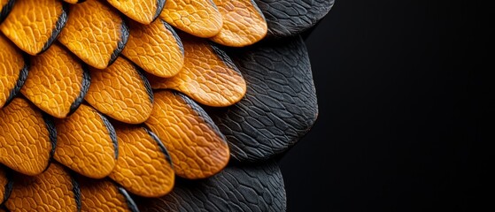 Wall Mural -  A tight shot of orange and black feathers atop black leather against a black backdrop