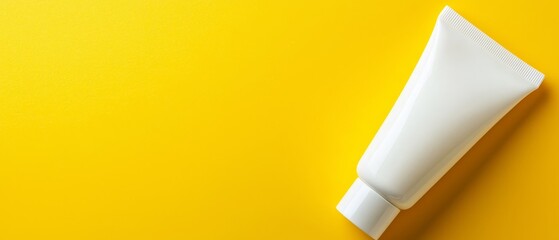  A tube of toothpaste sits on a yellow and white surface, adjacent to another tube of toothpaste