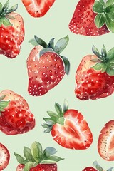 Wall Mural - watercolor boho strawberries with green leaves