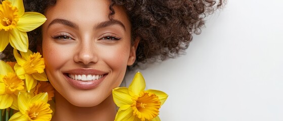 Wall Mural -  A tight shot of a person with flowers before her face against a white backdrop Yellow daffodils feature prominently