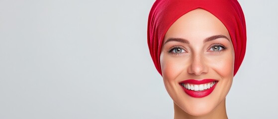 Wall Mural -  A woman wearing a red turban smiles