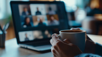 Virtual meeting concept with a close-up of hands holding a coffee mug in front of a laptop screen showing a video conference