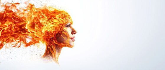 Wall Mural -  A woman's face emerges, encompassed by an abundant flame eruption from her head Her hair billows in the wind