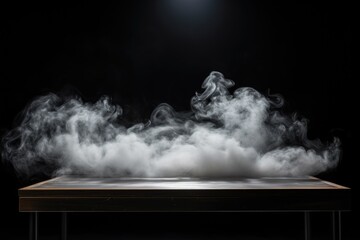 Wall Mural - Empty wooden table with smoke on dark background for product display.