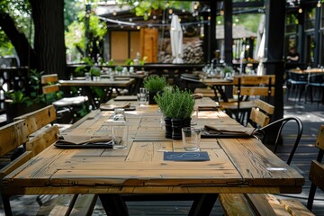 Outdoor Restaurant. Dish on Wooden Table in Empty Al Fresco Dining Area