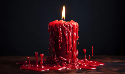 Red candle with melted wax and lit wick