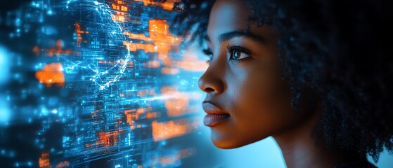 Fototapete - AI cyber security threat scene with a female African American IT specialist examining holographic data