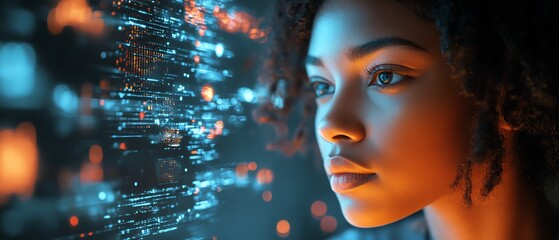 Fototapete - AI cyber security threat scene with a female African American IT specialist examining holographic data