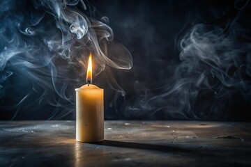 Lit wax candle with smoke in dark room