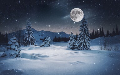 Snowy Night Scene with Glowing Moon and Space for Text, Christmas Background