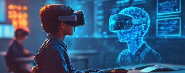 Poster - Classroom setting with a school student using VR headset for AI and machine learning, highlighting interactive technology and innovation with a blue AI hologram