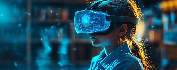 Poster - Classroom setting with a school student using VR headset for AI and machine learning, highlighting interactive technology and innovation with a blue AI hologram