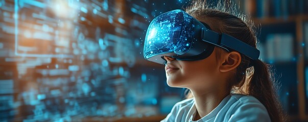 Fototapete - Classroom setting with a school student using VR headset for AI and machine learning, highlighting interactive technology and innovation with a blue AI hologram