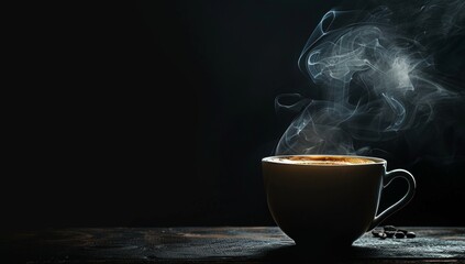 A cup of coffee is sitting on a table with steam rising from it