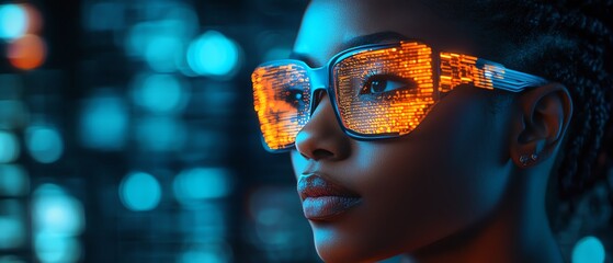 Aufkleber - Female African American IT specialist analyzing futuristic holographic data information related to AI cyber security threats