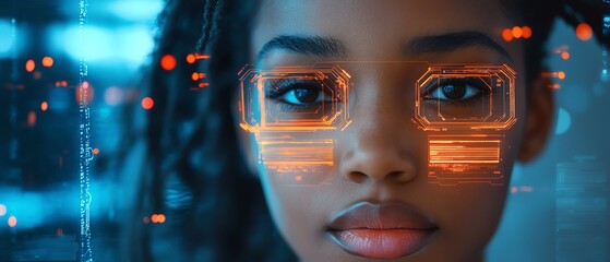 Aufkleber - Female African American IT specialist analyzing futuristic holographic data information related to AI cyber security threats