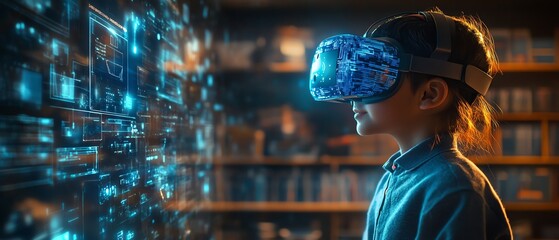 Poster - Futuristic classroom with a school student wearing a VR headset, engaged in AI technology and machine learning, showcasing interactive innovation and a blue AI hologram