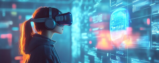 Fototapete - Interactive education scene with a student wearing a VR headset, utilizing AI and machine learning technology in the classroom, with a futuristic blue AI hologram