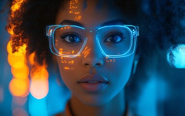 Poster - IT specialist analyzing AI cyber security threats with futuristic holographic data, female African American professional, in blue and orange colors with augmented reality elements