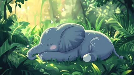 A cute cartoon elephant sleeps peacefully in a lush green jungle.