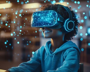 Fototapete - Student with VR headset in a classroom, utilizing AI artificial intelligence technology and machine learning, highlighting interactive and smart tech with a blue hologram