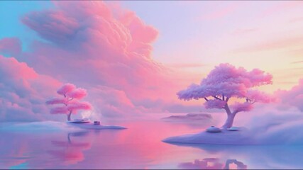 Wall Mural - a serene and peaceful scene of a lake with two trees and a cloudy sky 4k motion