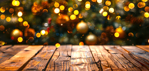 Wall Mural - Christmas holiday background with empty wooden deck table over festive bokeh. Ready for product montage