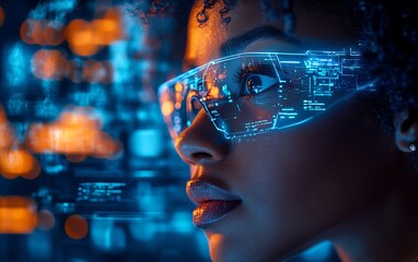 Fototapete - AI cyber security threat scene with a female African American IT specialist examining holographic data