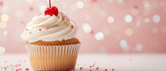 Wall Mural -  A cupcake featuring white frosting, a cherry atop, and pink background adorned with sprinkles