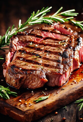 A piece of meat is sitting on a wooden cutting board with some herbs