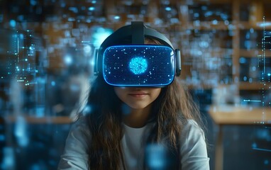 Fototapete - Classroom innovation featuring a school student wearing a VR headset, interacting with AI technology and machine learning, with a blue AI hologram and smart tech elements
