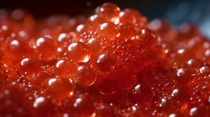 Texture of pink salmon fish red caviar in golden jar. Delicious roe served for luxury restaurant close-up. Generative AI