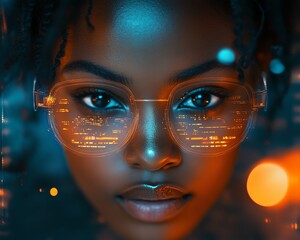Aufkleber - Female African American IT specialist in a hightech environment analyzing futuristic holographic data on AI cyber security threats