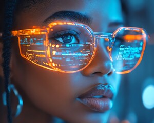 Poster - Female African American IT specialist studying futuristic holographic data on AI cyber security threats, with a blue and orange color palette and augmented reality AI concept