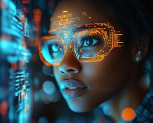Aufkleber - Female African American IT specialist in a hightech environment analyzing futuristic holographic data on AI cyber security threats