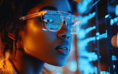 Poster - Female African American IT specialist reviewing holographic data on AI cyber security threats, with a blue and orange color scheme, highlighting augmented reality and AI technology
