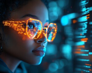 Poster - Female African American IT specialist studying futuristic holographic data on AI cyber security threats, with a blue and orange color palette and augmented reality AI concept