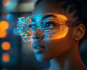 Aufkleber - Female African American IT specialist studying futuristic holographic data on AI cyber security threats, with a blue and orange color palette and augmented reality AI concept