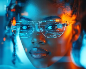 Poster - Female African American IT specialist studying futuristic holographic data on AI cyber security threats, with a blue and orange color palette and augmented reality AI concept