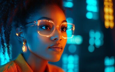 Poster - Female African American IT specialist reviewing holographic data on AI cyber security threats, with a blue and orange color scheme, highlighting augmented reality and AI technology