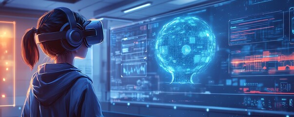 Fototapete - Futuristic classroom with a school student wearing a VR headset, engaged in AI technology and machine learning, showcasing interactive innovation and a blue AI hologram