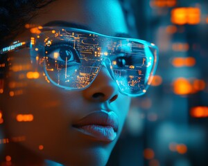 Fototapete - Hightech scene with a female African American IT specialist analyzing AI cyber security threats