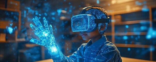 Fototapete - Interactive classroom scene with a school student wearing a VR headset