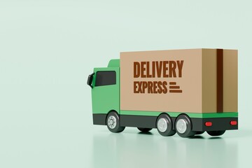 Wall Mural - 3D Green Truck delivery express car icon on isolated purple background. Online shopping, E-commerce and Send a parcel delivery service concept. Minimal Cartoon Van truck logistic icon. 3d render.