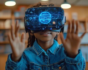 Fototapete - School student in a classroom using VR headset for AI and machine learning applications, showcasing interactive technology and innovation with a blue AI hologram