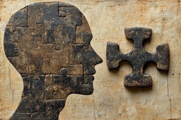 Sticker - A rustic depiction of a human head with a missing puzzle piece symbolizing the challenges of memory the process of self discovery and the pursuit of mental completeness