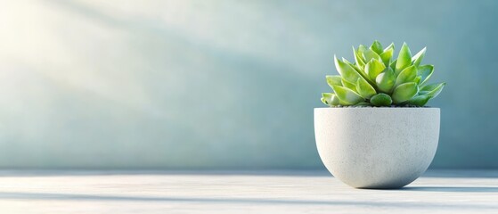 Sticker -  A tiny succulent in a white pot sits on a white table against a blue wall backdrop