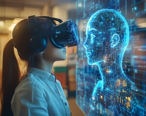 Fototapete - School student using a VR headset with AI artificial intelligence technology and machine learning in an interactive classroom setting