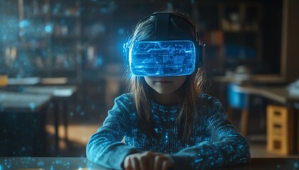 Fototapete - Student in a classroom with a VR headset, exploring AI artificial intelligence and machine learning, featuring interactive technology and a blue hologram for smart education
