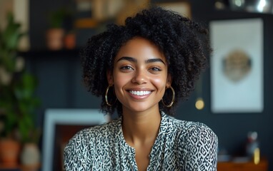 Young woman smiling while participating in a virtual video team meeting from home, highlighting remote work and flexible culture with a cheerful and professional setting